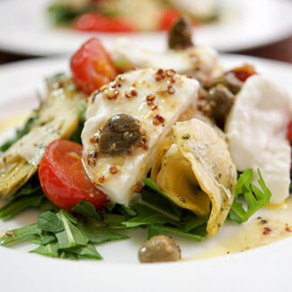 Roasted Cherry Tomato Salad with Artichokes and Bocconcini in a Lemon Caper Dressing