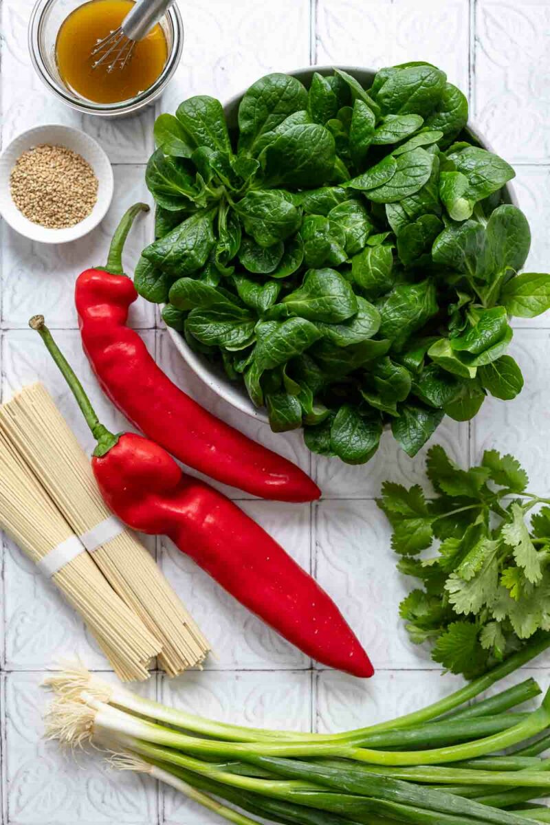 Ingredients for Asian Noodle Salad with Tender Greens