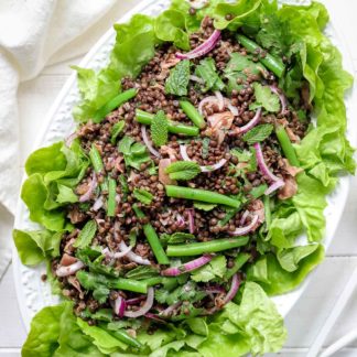 Beluga Linsen Salat mit grünen Bohnen & Zitrone-Minz-Dressing und ParmaschinkenRezept