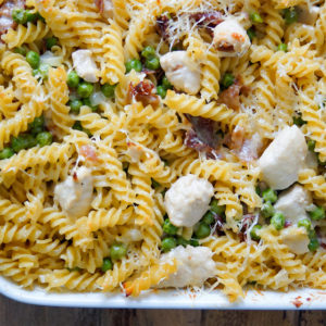 Baked Pasta with Peas, Chicken and Prosciutto