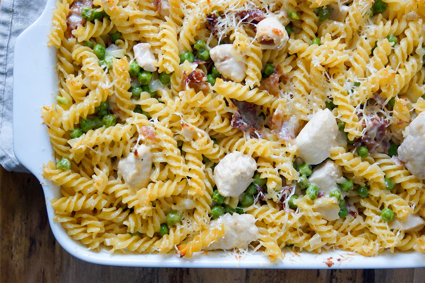 Baked Pasta with Peas, Chicken and Prosciutto