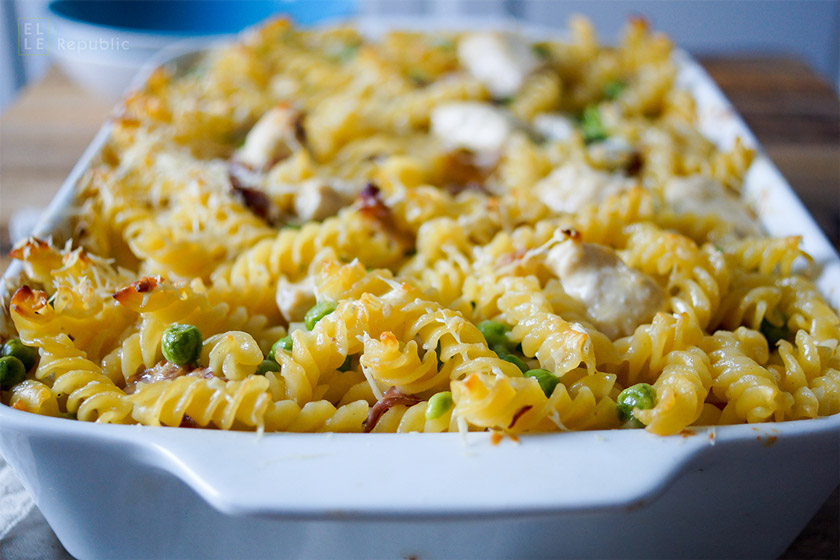 Baked Pasta with Peas, Chicken and Prosciutto