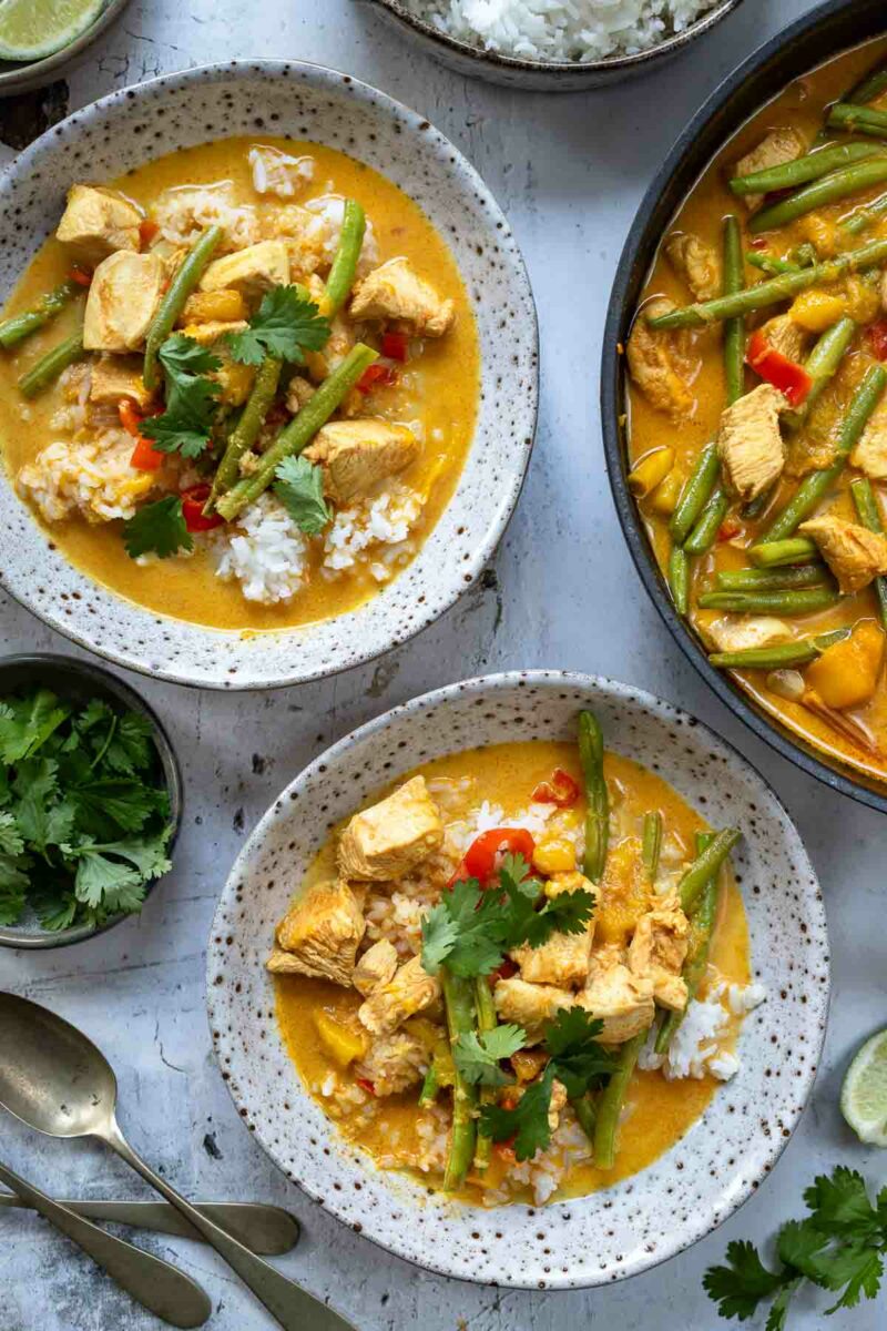 Red Thai Chicken Curry with Mango, Green Beans and Sweet Red Pepper served with Jasmine Rice
