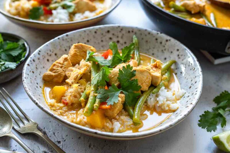 Red Thai Chicken Curry with Mango, Green Beans and Sweet Red Pepper served with Jasmine Rice