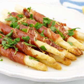 Prosciutto Wrapped White Asparagus with Zesty Lemon