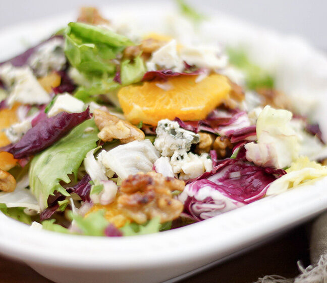 Frisée Salad with Roquefort, Candied Walnuts and Oranges