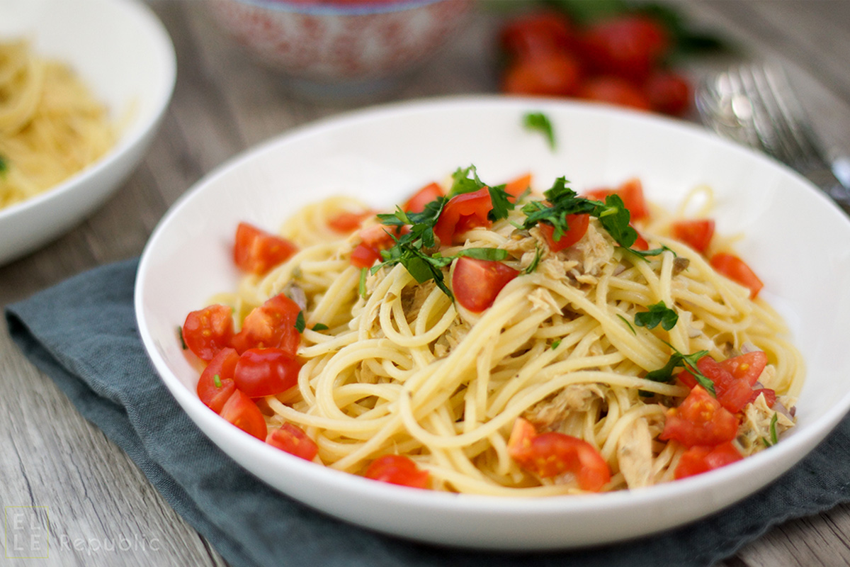 Spaghetti with Tuna-Caper-Olive Pesto