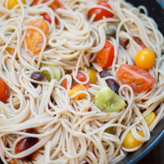 Pasta with Heirloom Tomatoes, Anchovies, Capers & Olives