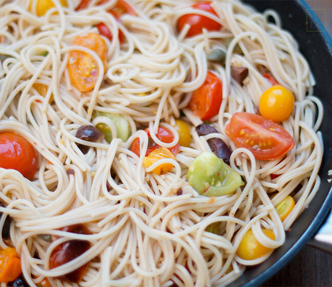 Pasta with Heirloom Tomatoes, Anchovies, Capers & Olives