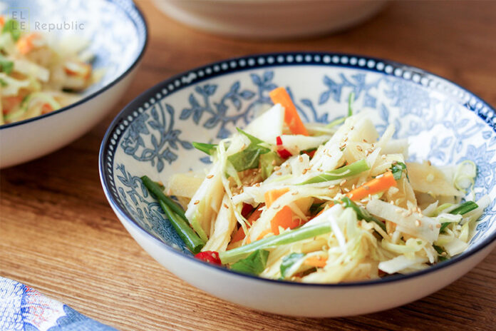 Gesunde Coleslaw, Krautsalat mit Kohlrabi, Karotten, Spitzkohl und asiatischem Dressing