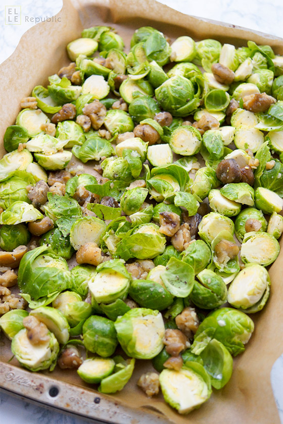 Roasted Chestnuts and Brussels Sprouts with Lemon before roasting