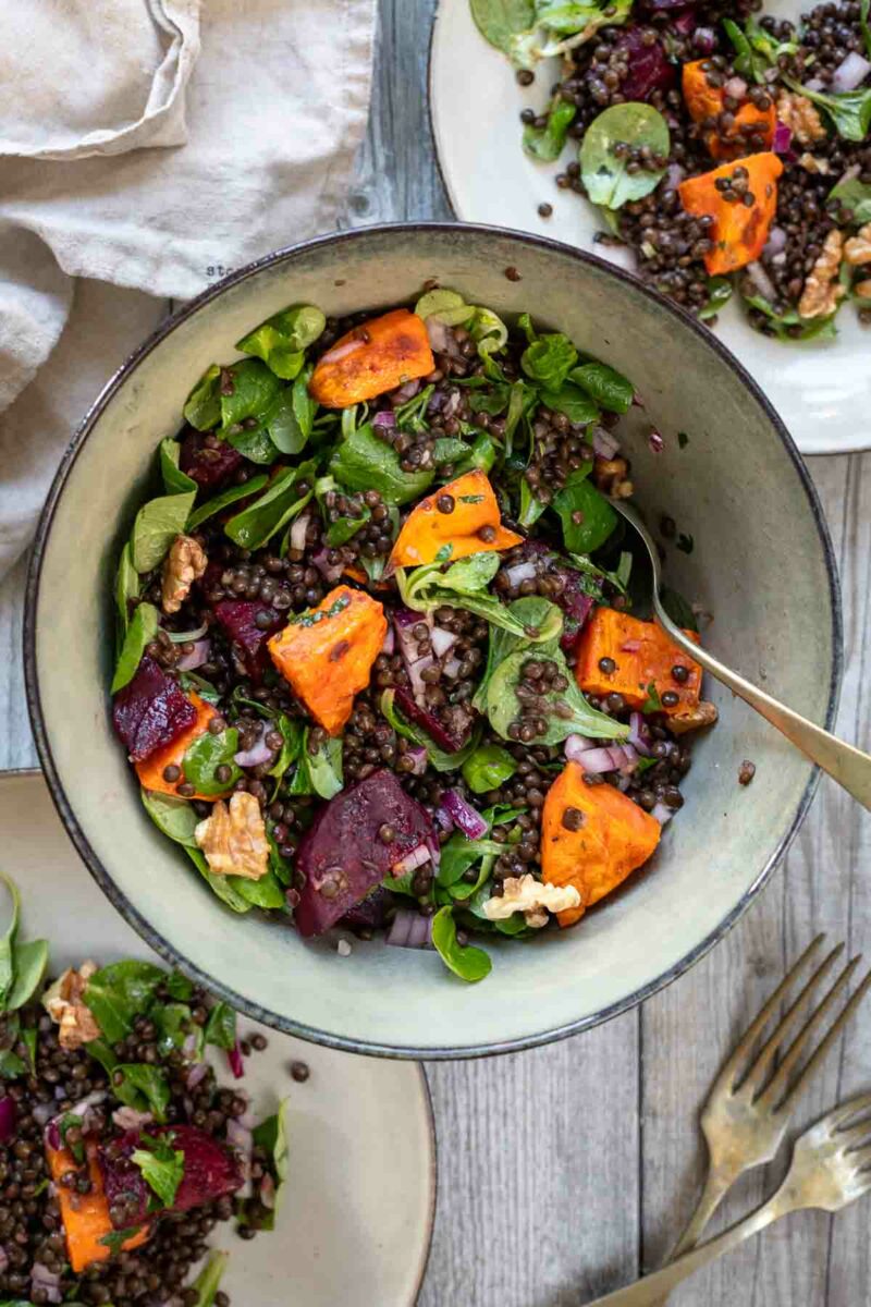 Lentil Salad with Roasted Sweet Potato and Beetroot, lamb’s lettuce, walnuts and a white balsamic dressing