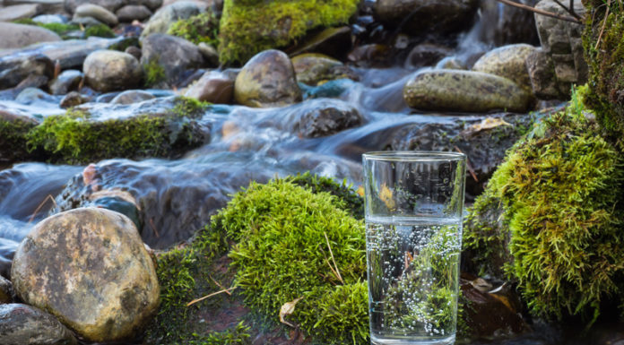 Warum Wasser trinken wichtig ist, Glas Wasser in Fluss