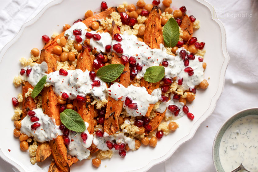 Roasted Sweet Potatoes and Chickpeas with Millet and Herbed Yogurt