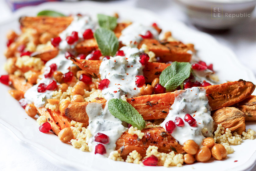 Roasted Sweet Potatoes and Chickpeas with Millet and Herbed Yogurt