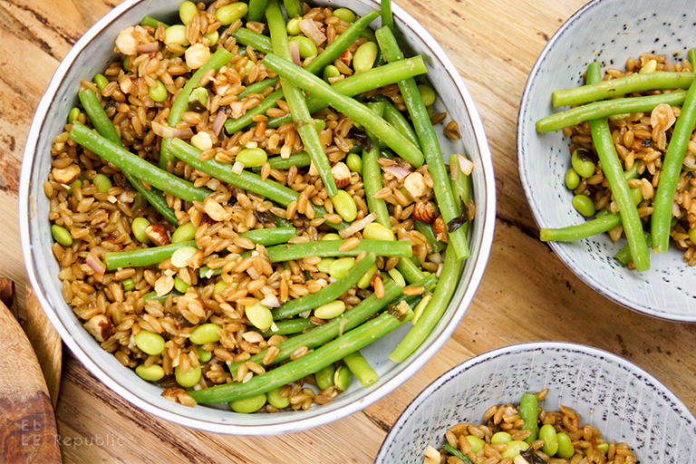 Grünkern Bohnensalat mit Miso-Dressing und Edamame