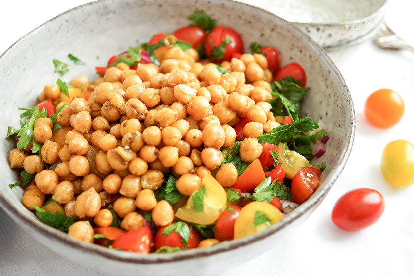 Crispy Chickpea Tomato Salad with parsley and cumin