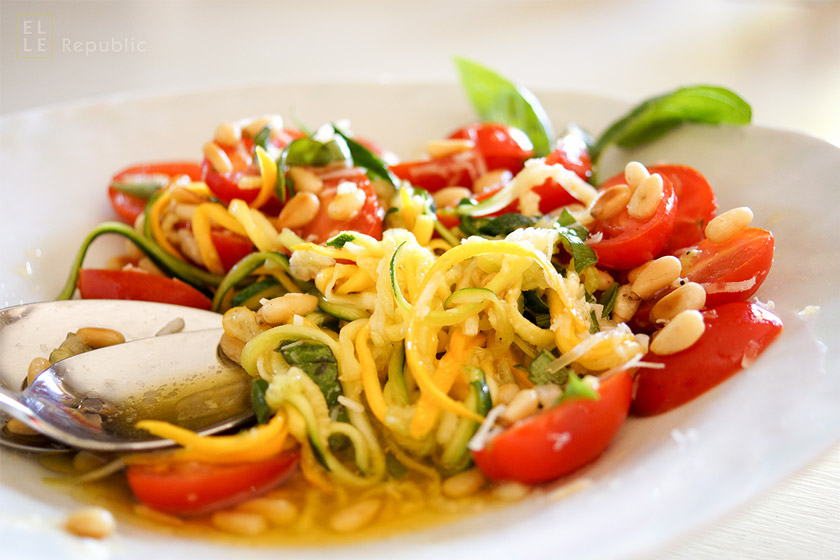 Zucchini Noodle Salad with Tomato, Basil and Pine Nuts