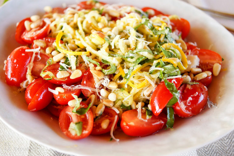 Zucchini Noodle Salad with Tomato, Basil and Pine Nuts