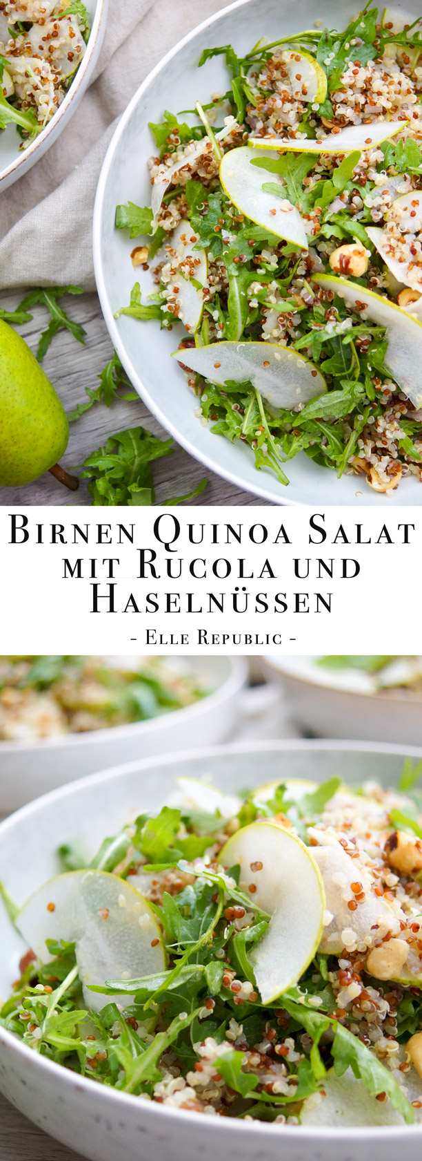 Einfache Rezept für Birnen Quinoa Salat mit Rucola und gerösteten Haselnüssen (Vegan, Vegetarisch, Glutenfrei)