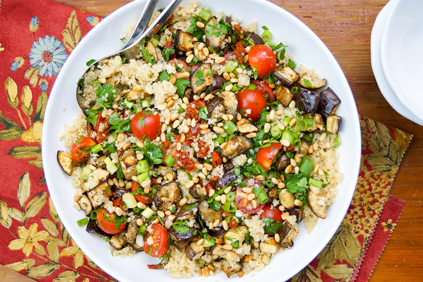 Roasted Eggplant and Quinoa Salad with Cherry Tomatoes