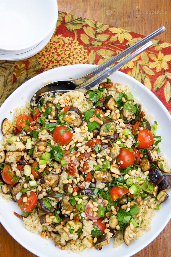 Roasted Eggplant and Quinoa Salad with Cherry Tomatoes