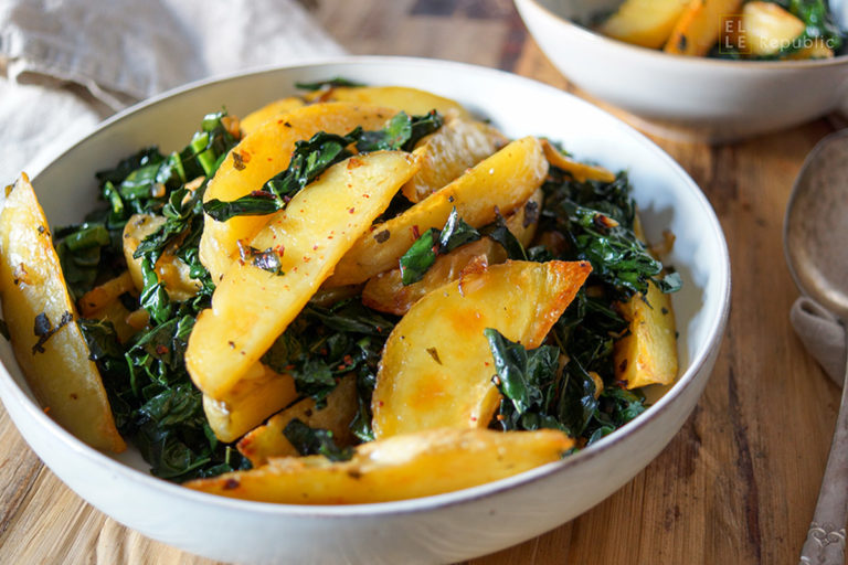 Sage Roasted Potato Wedges with Lacinato Kale Recipe served in bowl