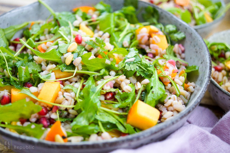 Barley Salad with Kaki, Pomegranate & Pine Nuts