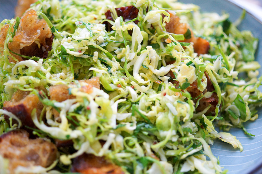 Brussels Sprouts Caesar Salad with Herbed Croutons