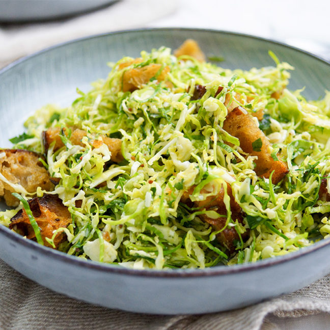 Brussels Sprouts Caesar Salad with Herbed Croutons