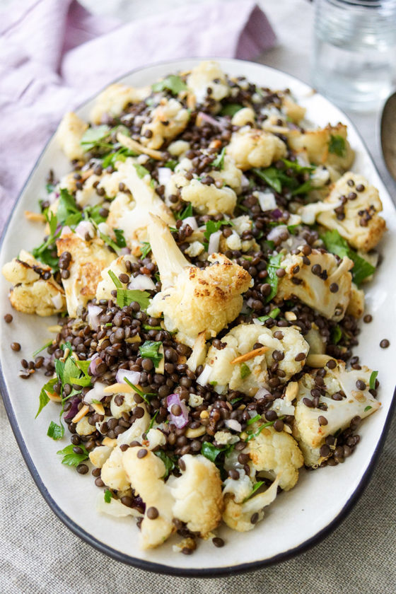Beluga Lentil Salad with Roasted Cauliflower & Lemon Dill Caper Dressing