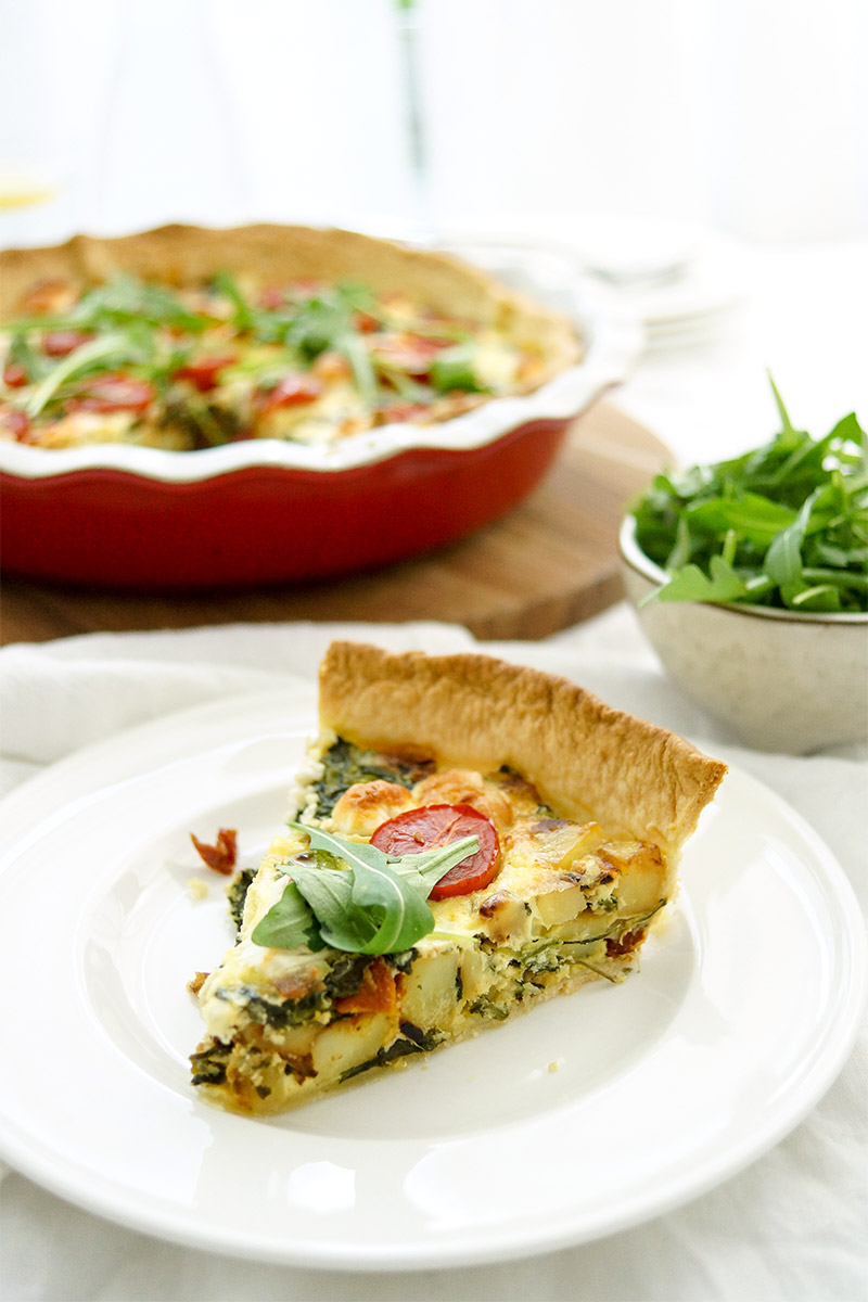 Spinach, Goat Cheese and Potato Quiche with Creme Fraiche and Thyme