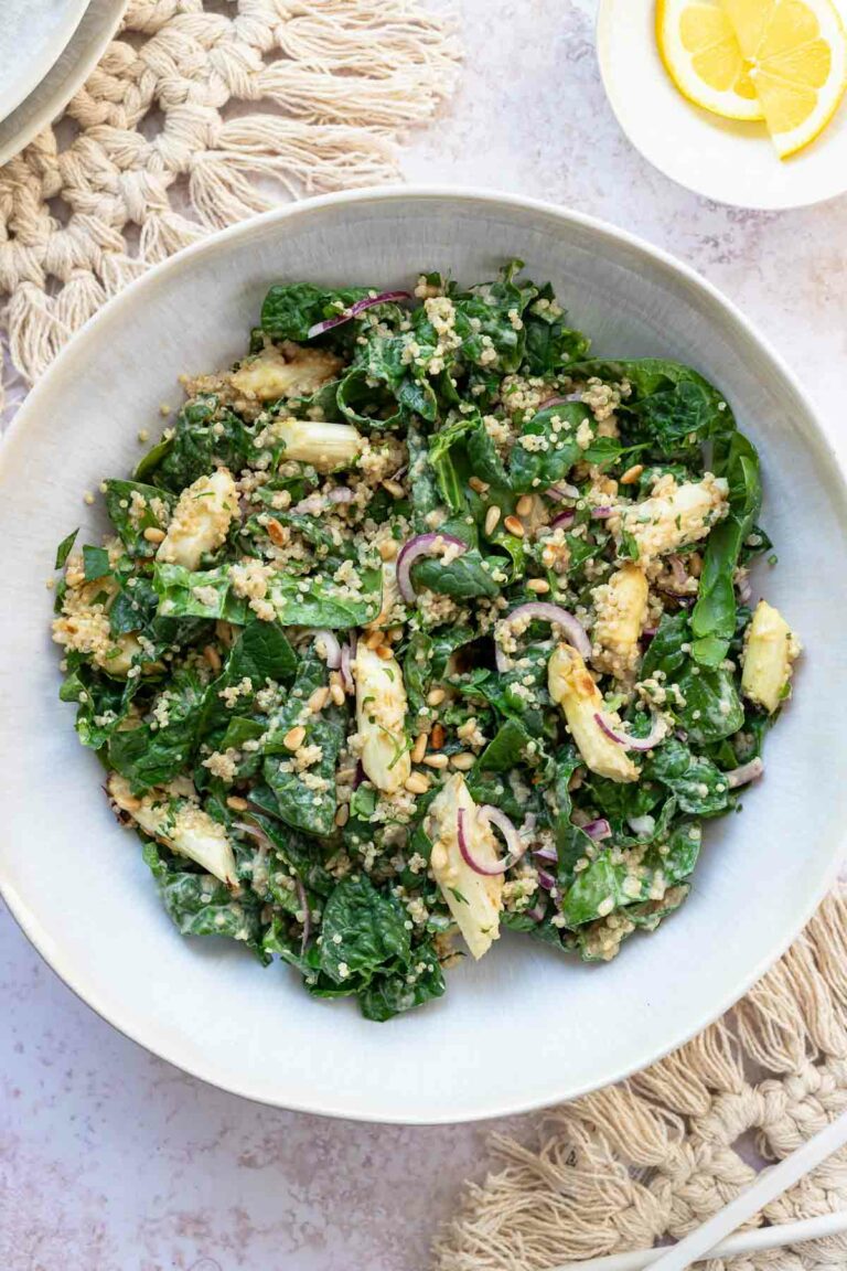 Spargelsalat Rezept mit Spinat und Zitronen Tahin Dressing