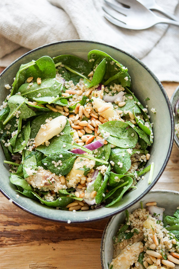Roasted Asparagus Salad with Quinoa, Spinach and Lemon Tahini Dressing