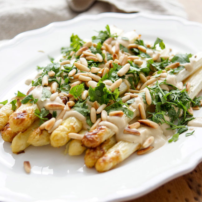 Roasted White Asparagus with Tahini-Lemon Sauce