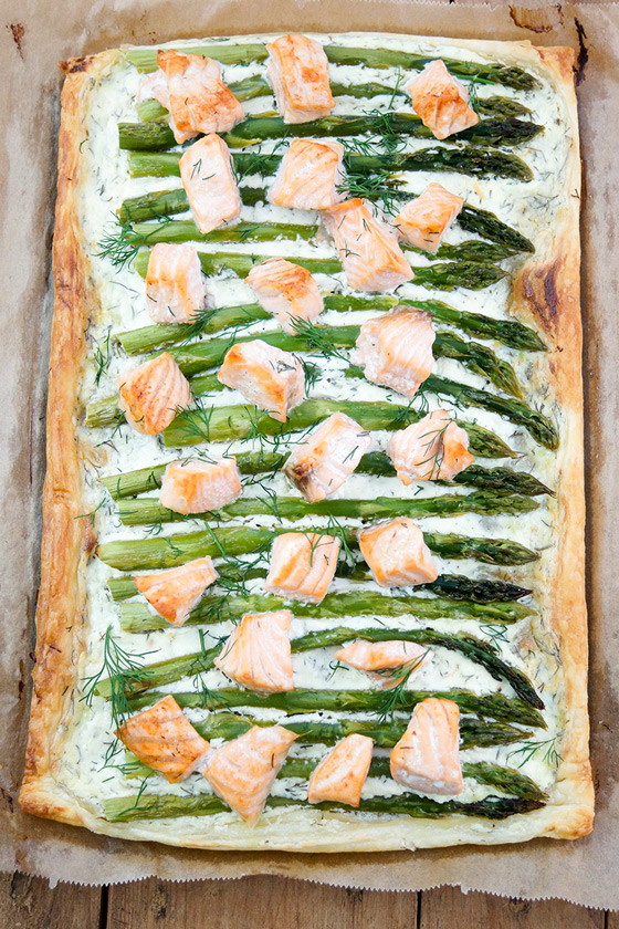 Salmon and Asparagus Tart recipe with puff pastry, crème fraîche, fresh dill and lemon zest