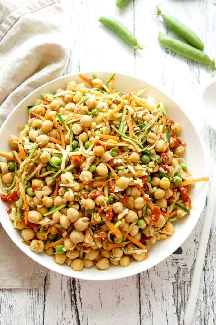 einfaches Rezept für einen gesunden Kichererbsensalat mit frischem Gemüse und getrockneten Tomaten. Dazu gibt es geröstete Körner und geröstetes Sesamöl. Das Rezept ist vegan, vegetarisch und glutenfrei.