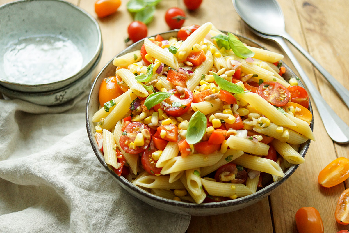 Summer Pasta Salad with Fresh Corn, Tomato and Basil