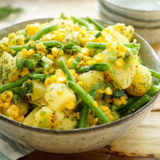 Kartoffelsalat mit geröstetem Mais und grünen Bohnen Rezept, vegan, glutenfrei, vegetarisch, low-fat