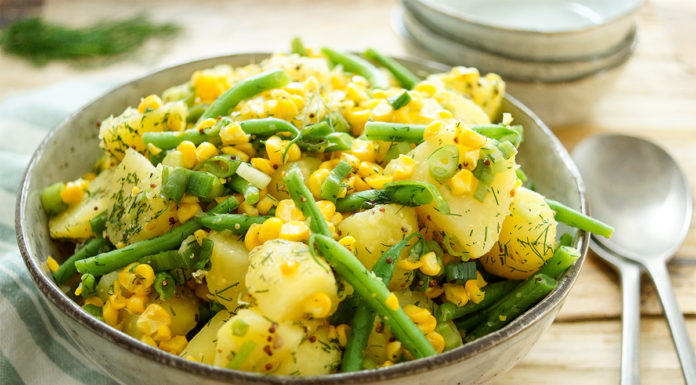 Kartoffelsalat mit geröstetem Mais und grünen Bohnen Rezept, vegan, glutenfrei, vegetarisch, low-fat