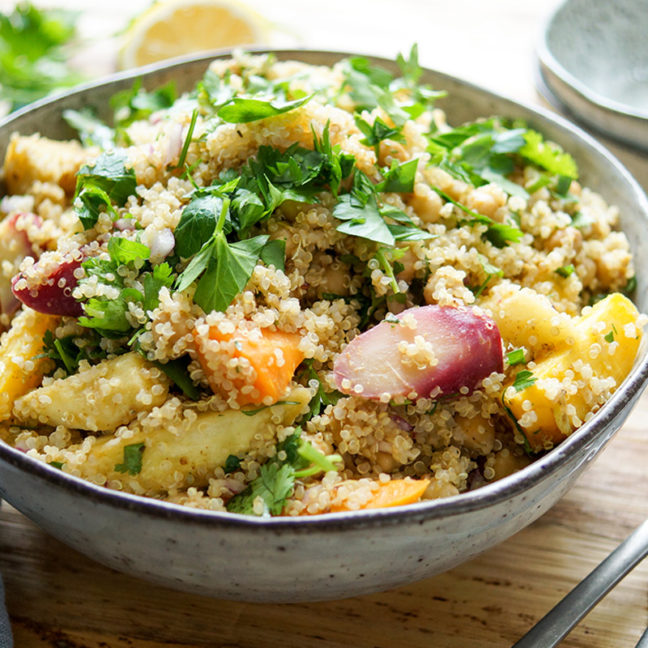 Quinoa with Roasted Parsnips, Carrots and Chickpeas