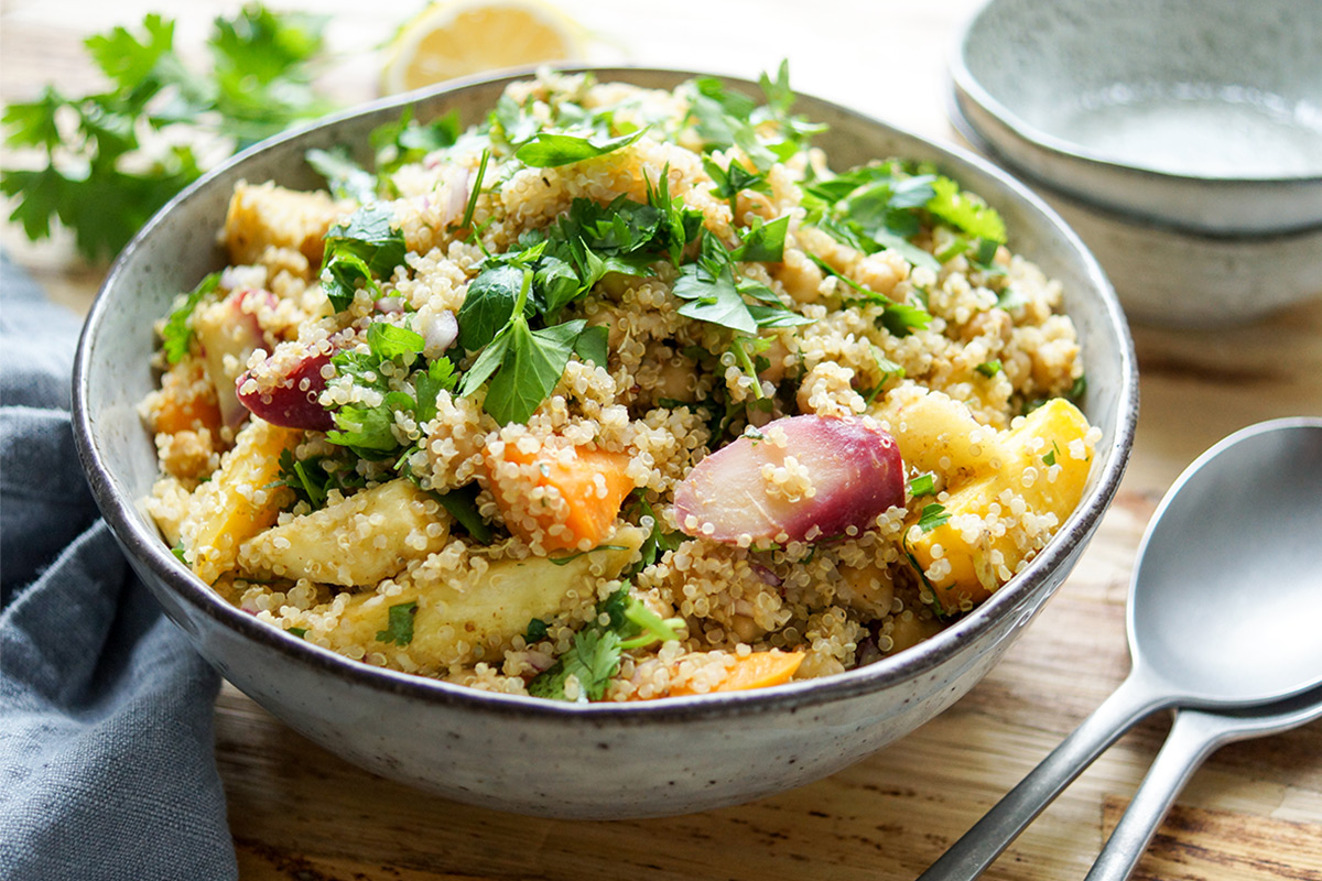 Quinoa with Roasted Parsnips, Carrots and Chickpeas