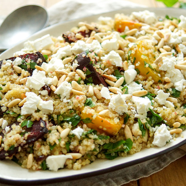 Quinoa Salad with Roasted Beets, Feta + Pine Nuts