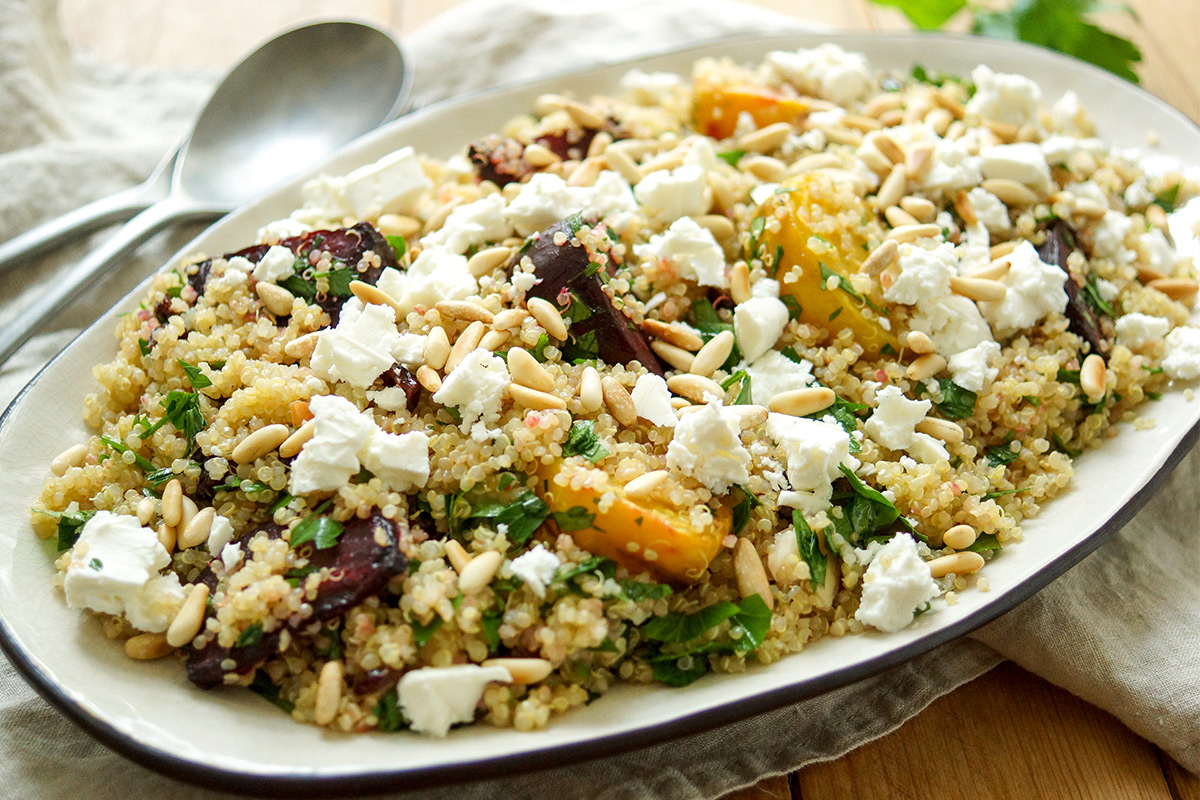 Quinoa Salad with Roasted Beets, Feta + Pine Nuts