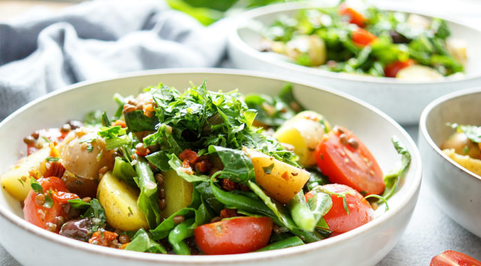 Linsen-Kartoffelsalat mit Rechtsregulat-Vinaigrette, Veganes Rezept