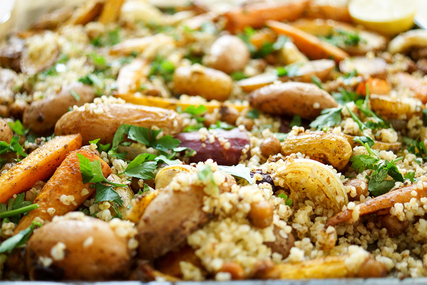 Moroccan-Spiced Roast Vegetables and Chickpeas with Bulgur
