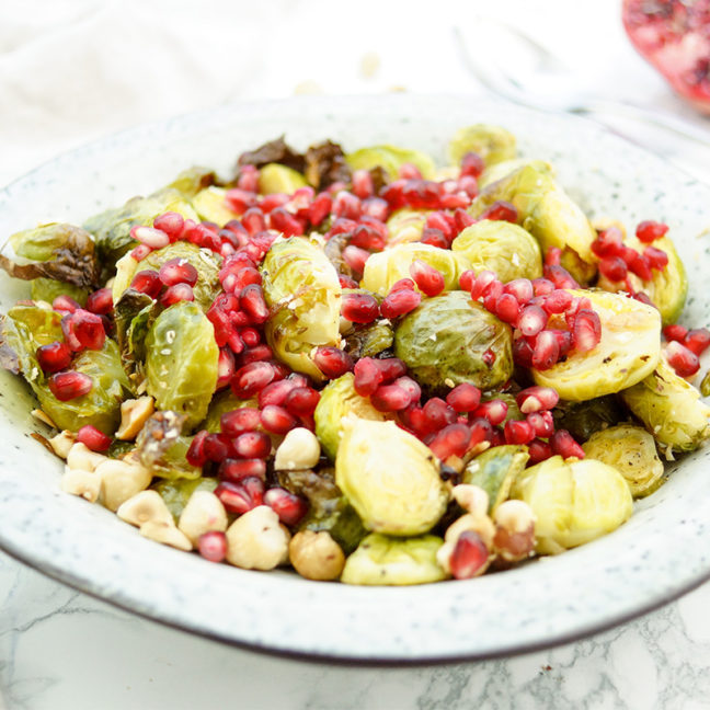 Roasted Brussels Sprouts with Hazelnuts and Pomegranate