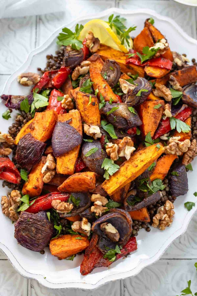 Lebanese Roasted Vegetables with Lentils with walnuts, and lemon yogjurt sauce.