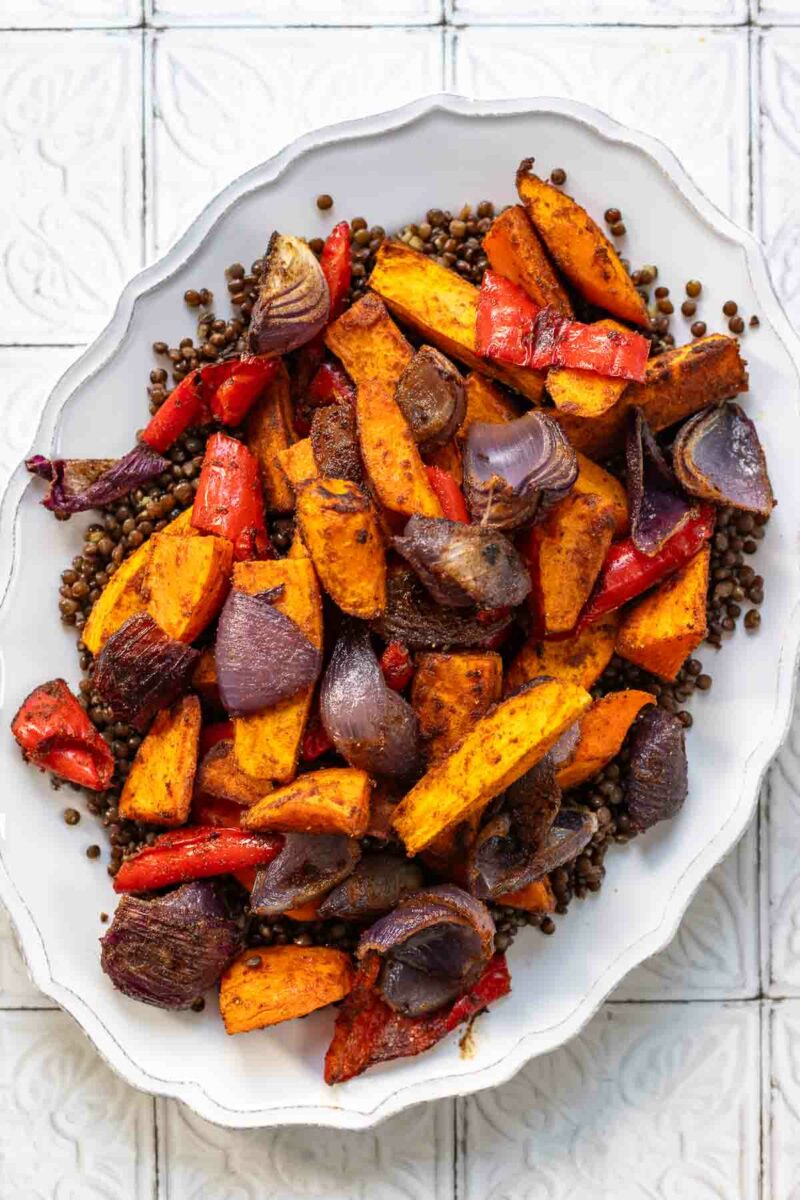 Lebanese spiced vegetables roasted in oven and on a serving platter