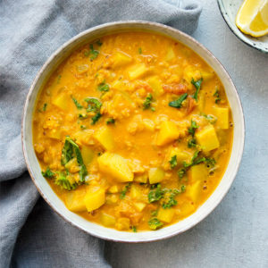 Red lentil Soup with Coconut Milk, Potatoes and Kale